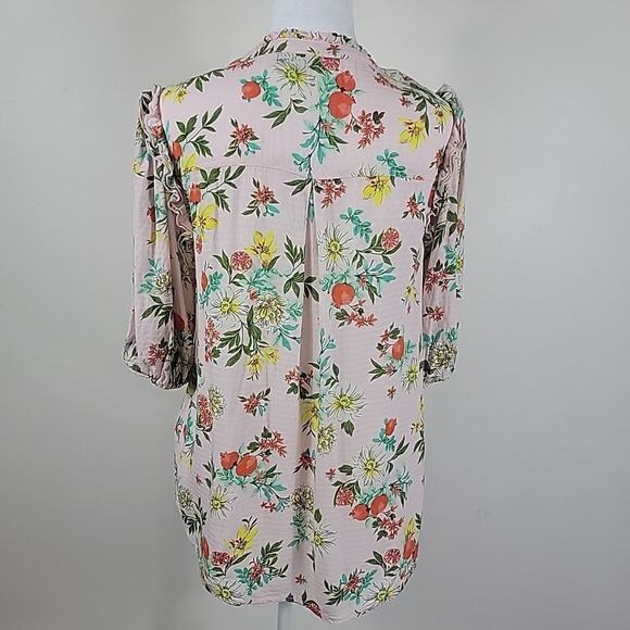 Democracy Top Womens M Pink Floral Button Up Balloon Sleeve Ruffled Tropical - Picture 6 of 14